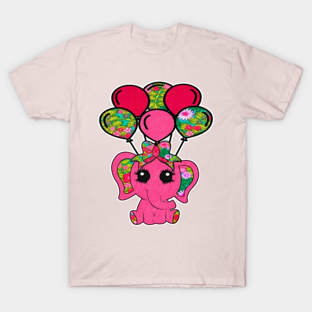 Pink Floral Elephant Balloons T-Shirt by artbyomega